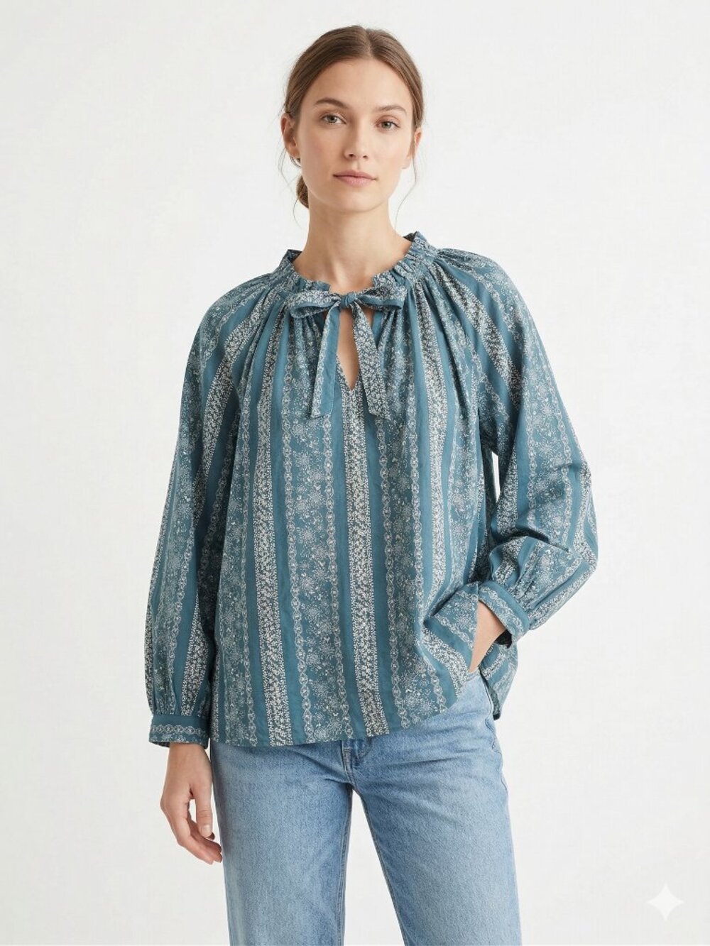 A.N.A. Blouse Blue White Floral Peasant Festival Cottage Boho 2XL
